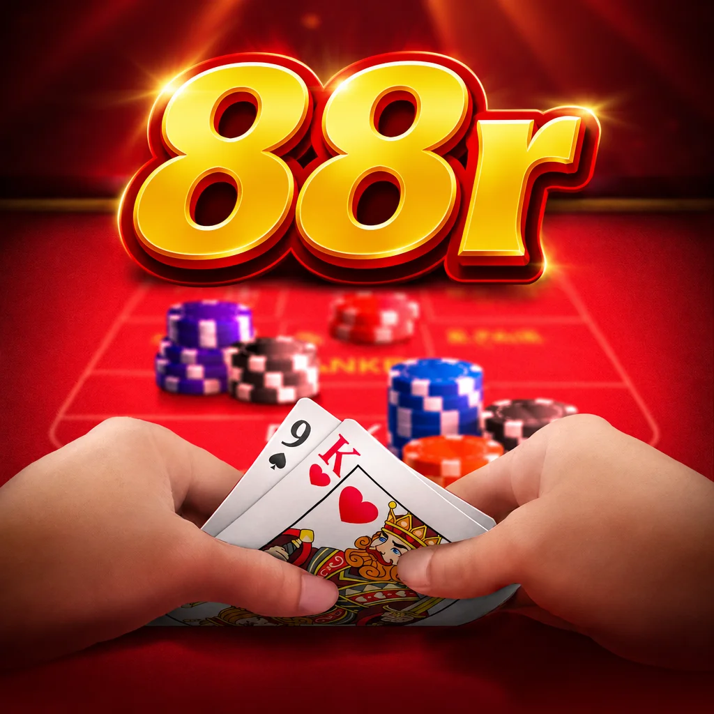 Ilustrasi meja permainan Baccarat Deluxe dengan logo 88r kartu dan tumpukan chip
