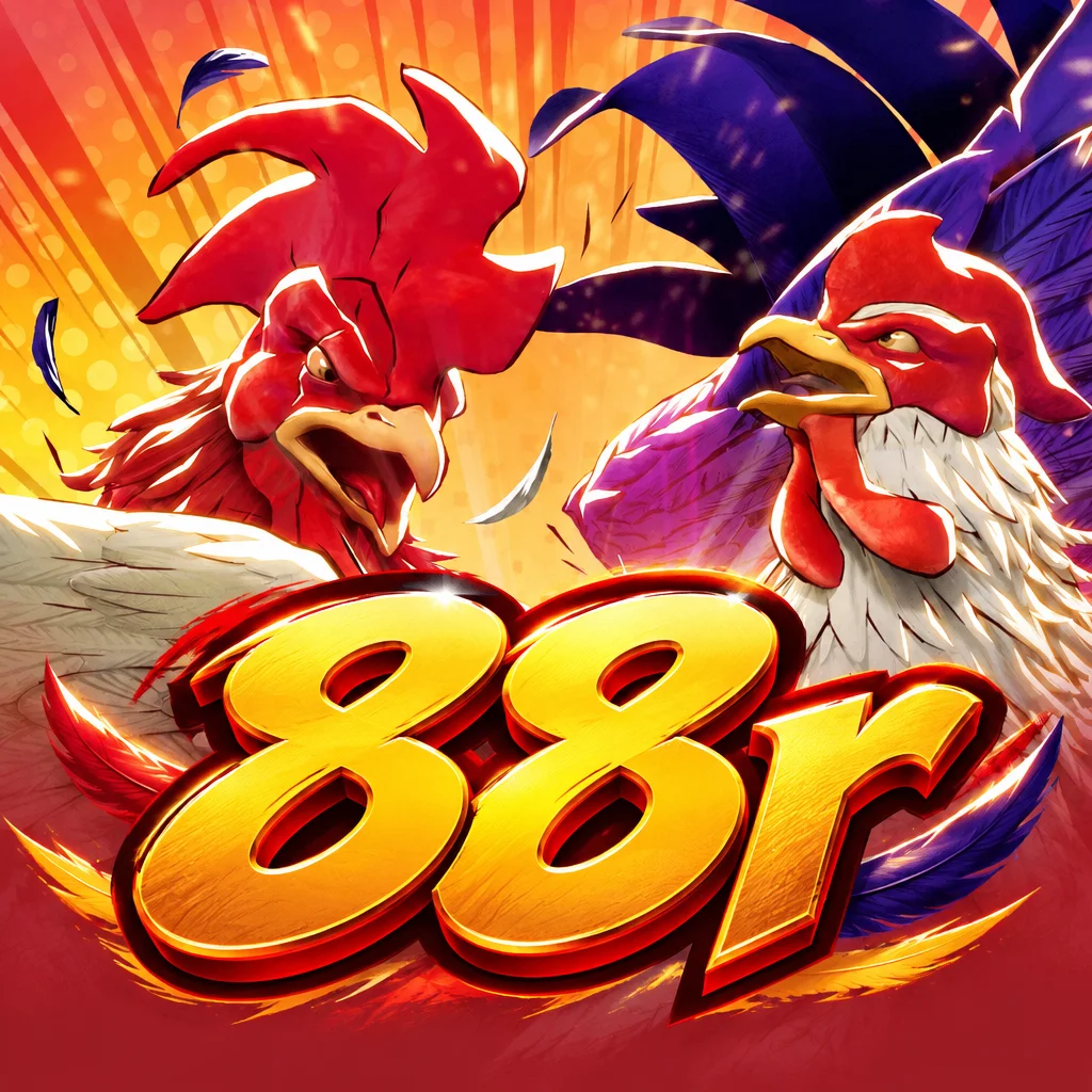 Visual dua ayam jantan berhadapan pada tema Rooster Rbl dengan logo 88r emas